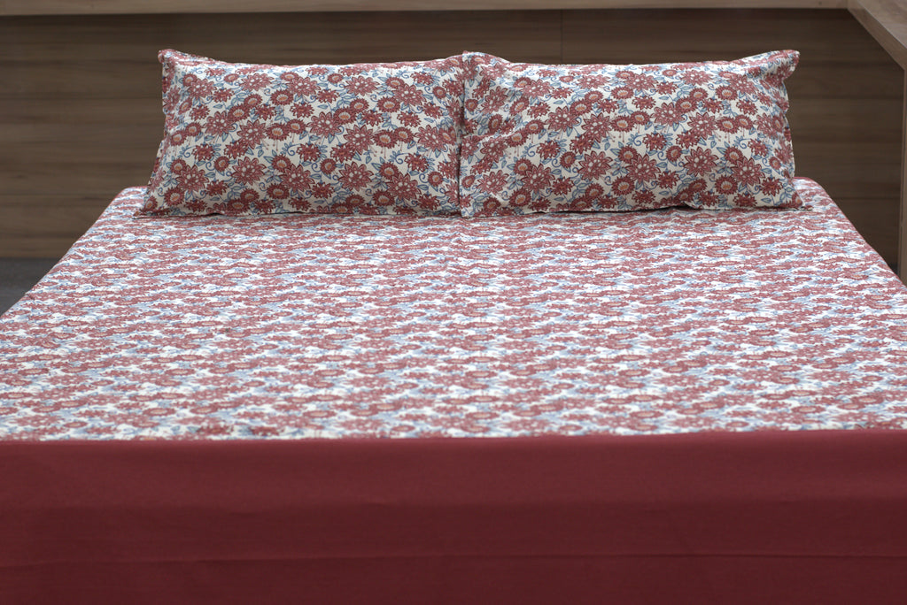 Premium Floral King Size Cotton Bedspread (100"x110") with Matching Pillow Covers - Maroon & Cream