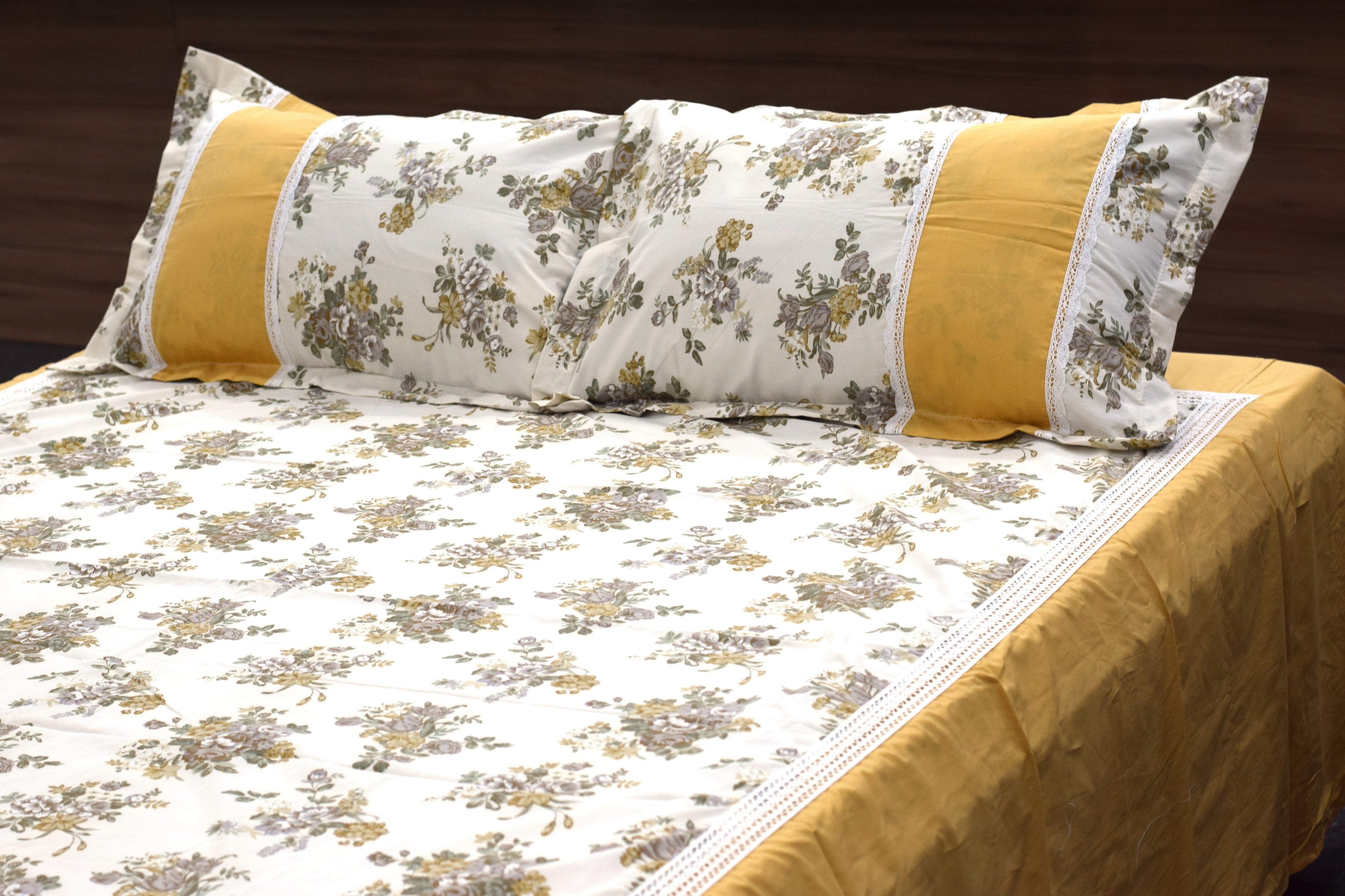 King Size Floral Bedspread Set with 2 Pillow Covers – Mustard Yellow & White | 98 x 102 Inches