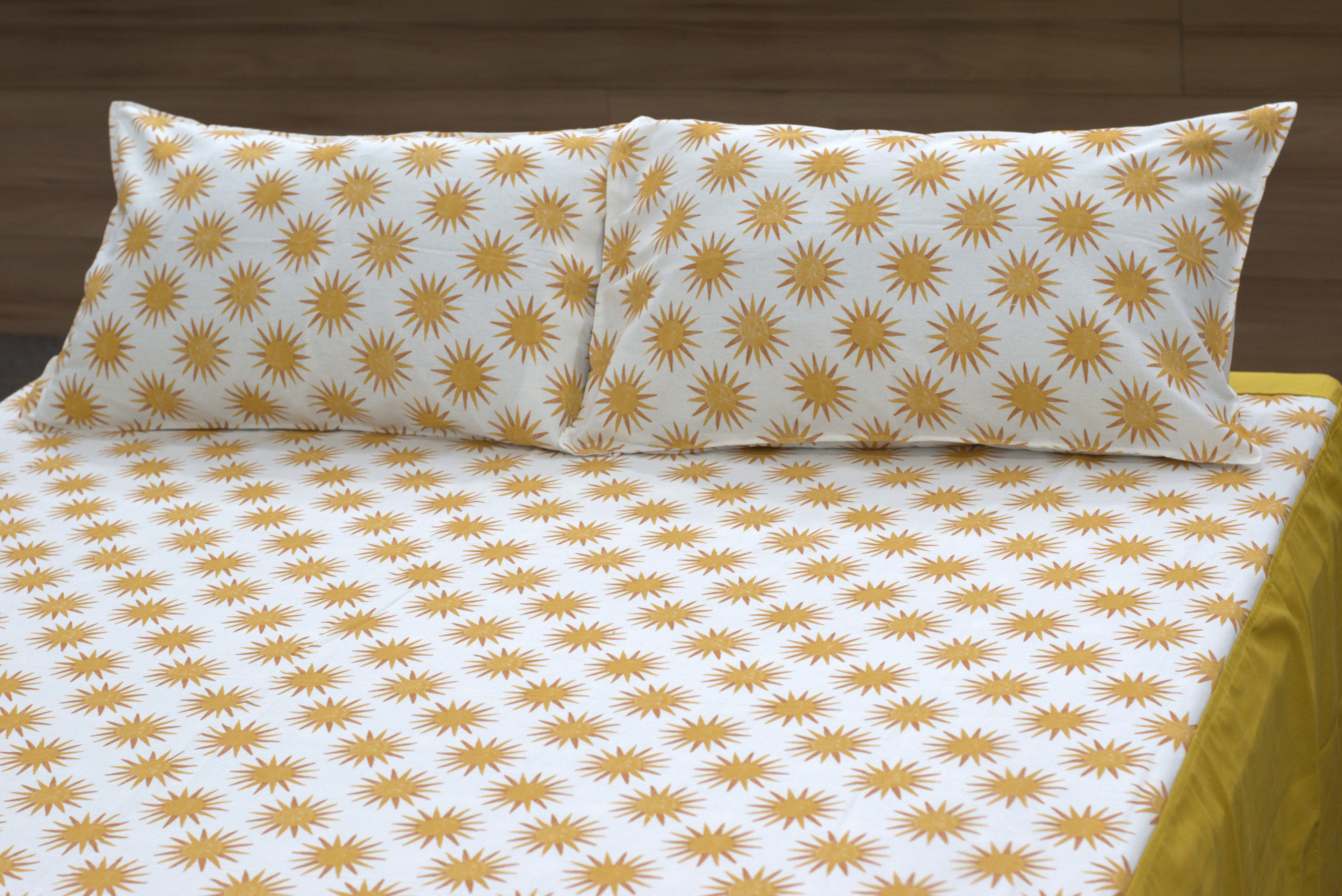 Radiant Mustard Sunburst Cotton King Size Bedspread Set