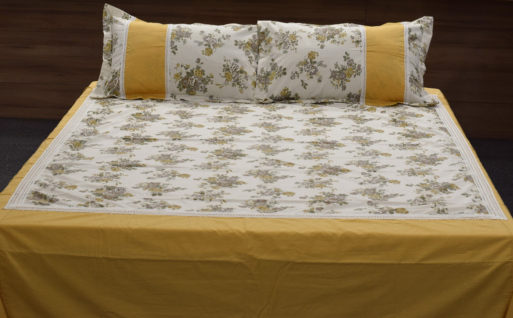 King Size Floral Bedspread Set with 2 Pillow Covers – Mustard Yellow & White | 98 x 102 Inches