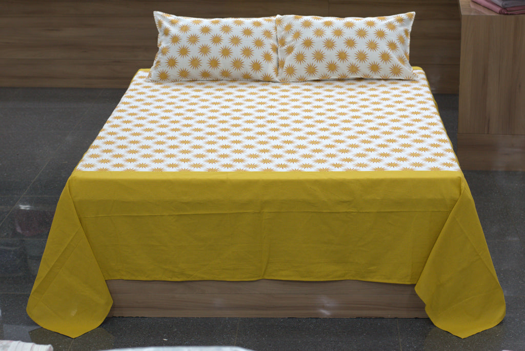Radiant Mustard Sunburst Cotton King Size Bedspread Set