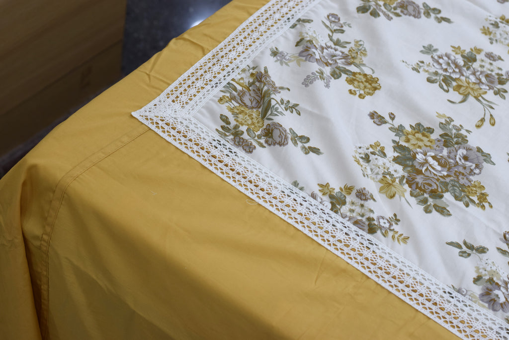 King Size Floral Bedspread Set with 2 Pillow Covers – Mustard Yellow & White | 98 x 102 Inches