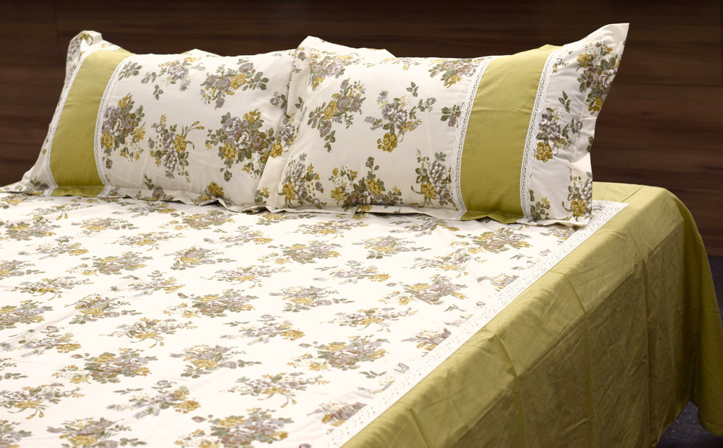Premium Floral King Size Bedspread Set with 2 Pillow Covers | Cotton Blend |  Green & White | 98 × 102 Inches