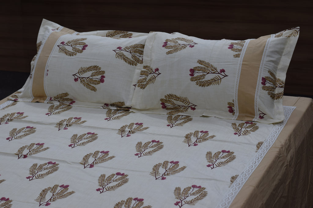 Elegant Beige Floral King Size Bedspread Set with Pillow Covers | Premium Cotton Blend Bedding