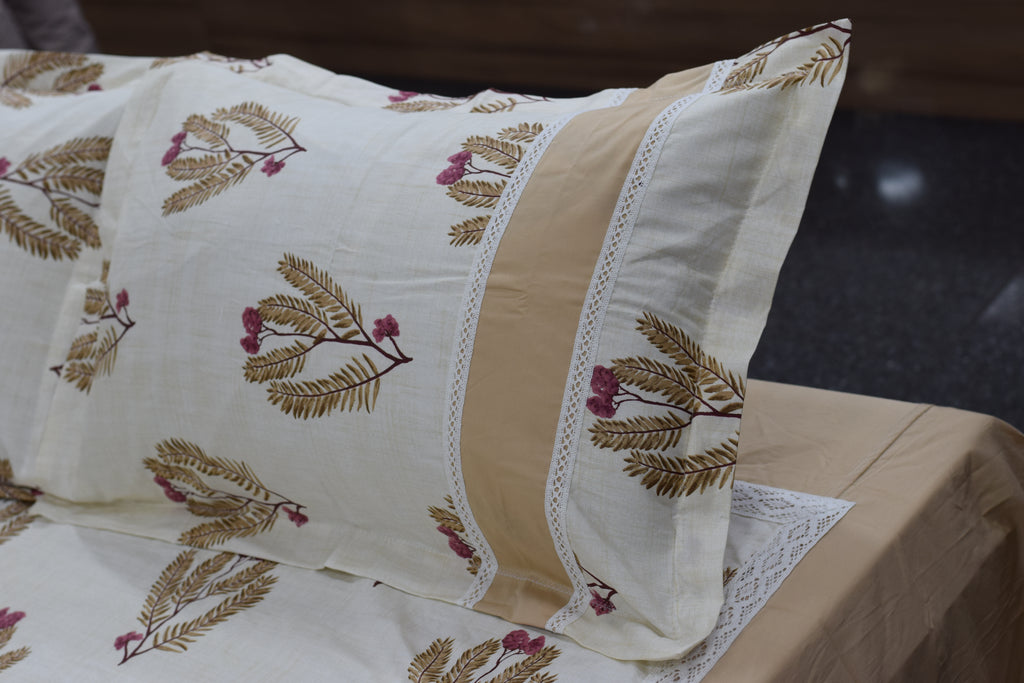 Elegant Beige Floral King Size Bedspread Set with Pillow Covers | Premium Cotton Blend Bedding