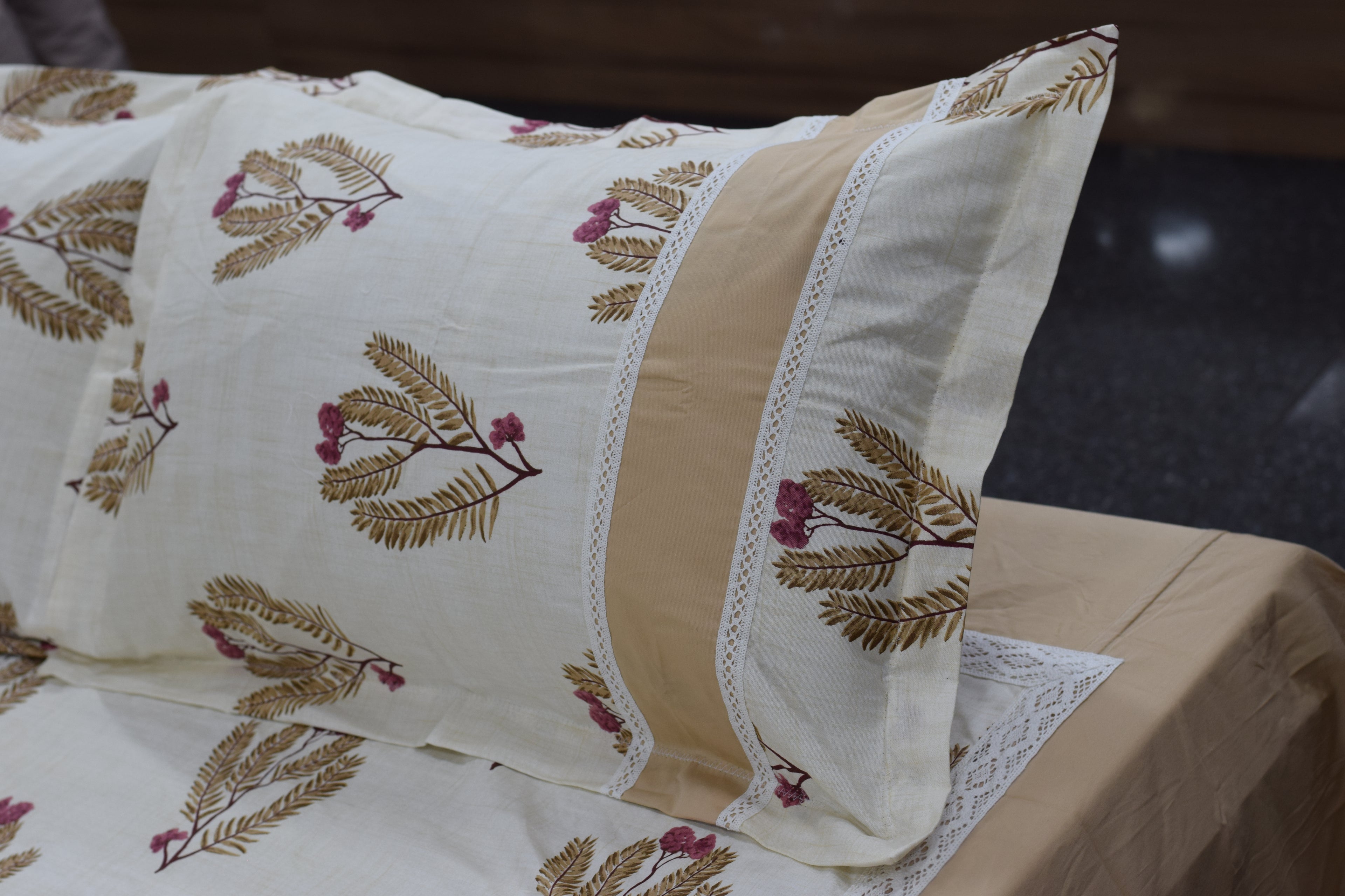 Elegant Beige Floral King Size Bedspread Set with Pillow Covers | Premium Cotton Blend Bedding