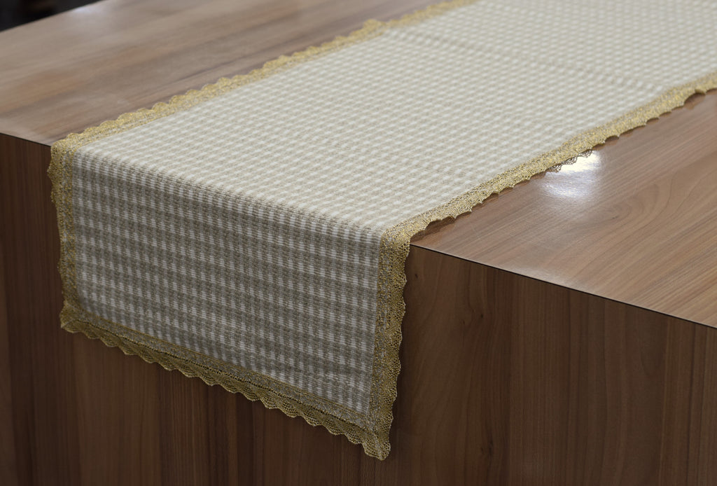 Elegant Beige Table Runner with Golden Lace Border – 125 × 35 cm