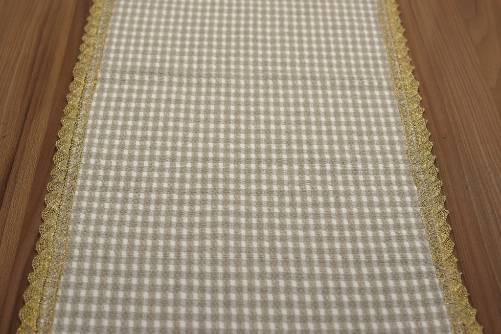 Elegant Beige Table Runner with Golden Lace Border – 125 × 35 cm