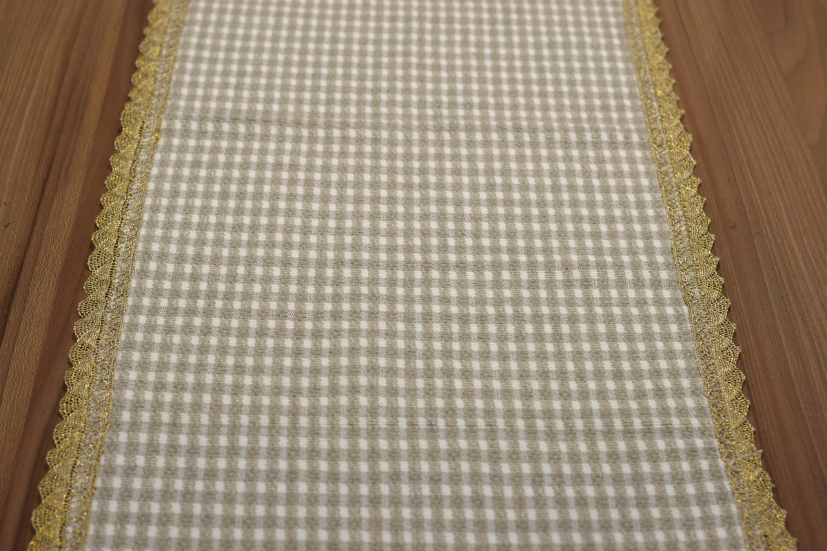 Elegant Beige Table Runner with Golden Lace Border – 125 × 35 cm