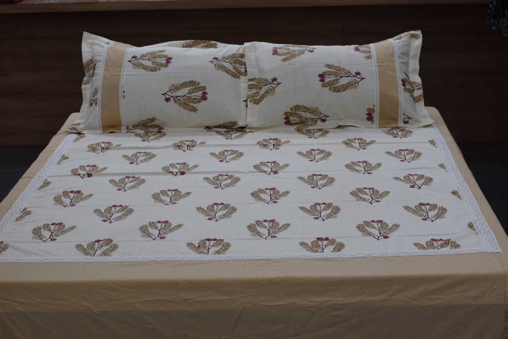 Elegant Beige Floral King Size Bedspread Set with Pillow Covers | Premium Cotton Blend Bedding