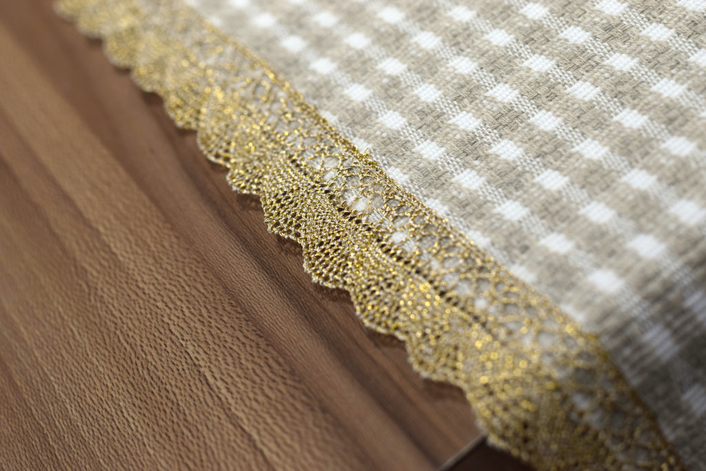 Elegant Beige Table Runner with Golden Lace Border – 125 × 35 cm