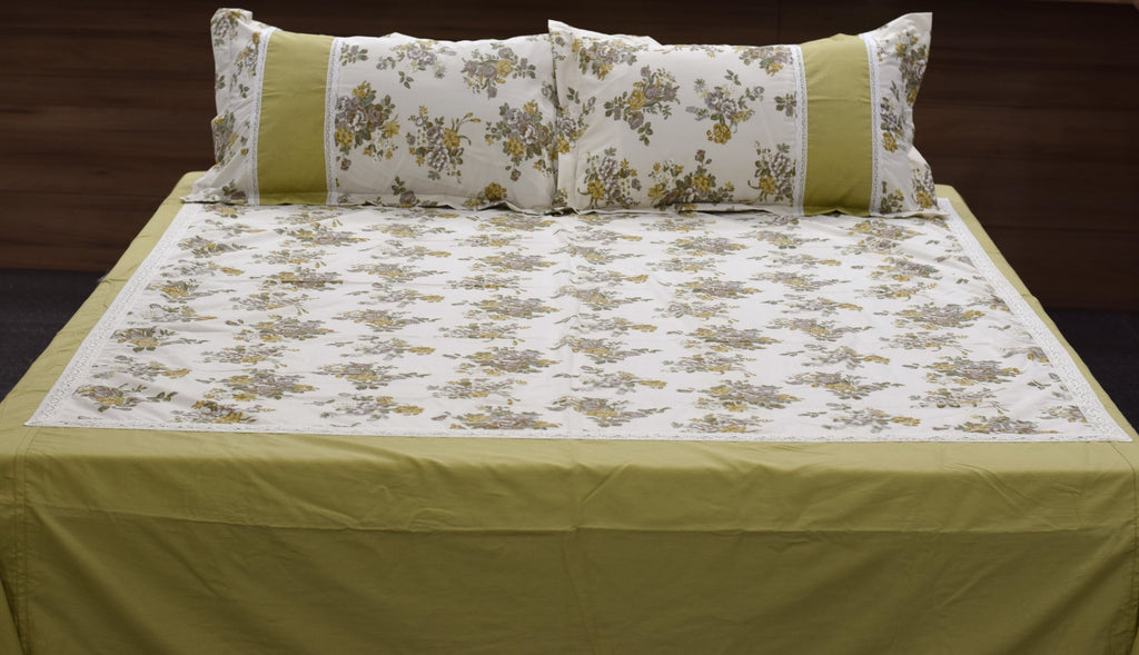 Premium Floral King Size Bedspread Set with 2 Pillow Covers | Cotton Blend |  Green & White | 98 × 102 Inches