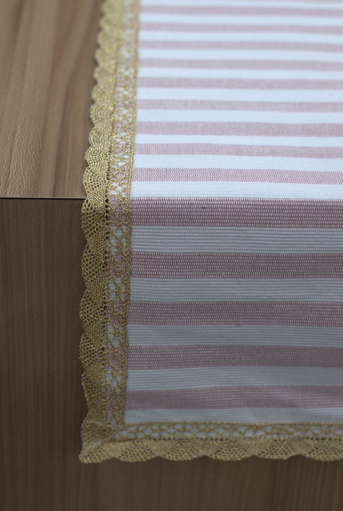 Pink and White Striped Table Runner with Golden Lace Border – 120 × 35 cm