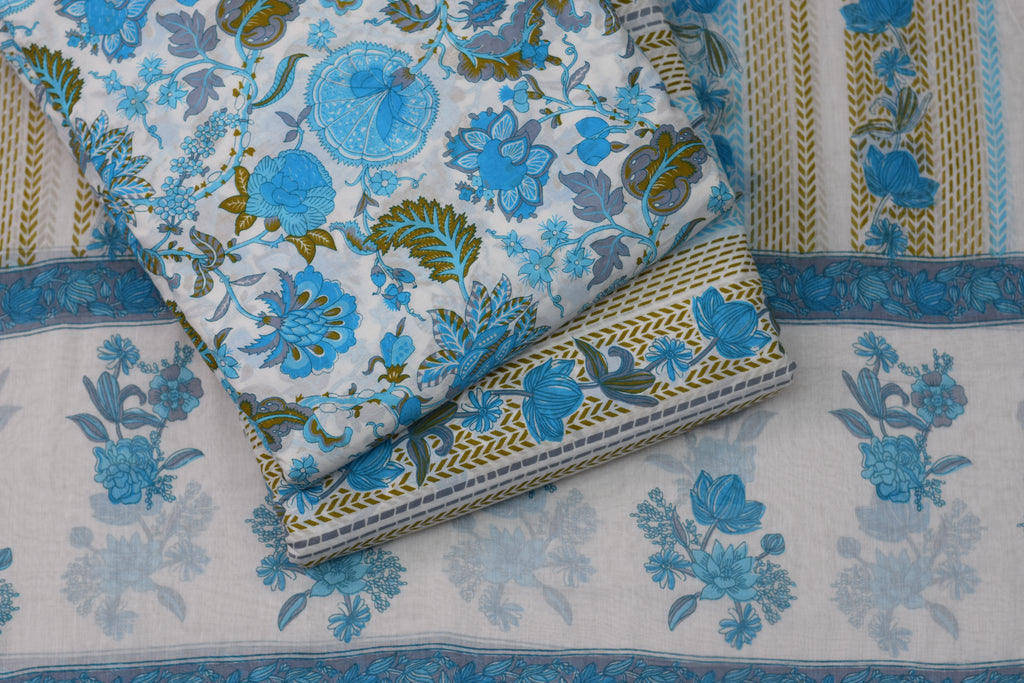 Sky Blue Floral Soft Cotton Dress Material Set with Dupatta – 44" Width