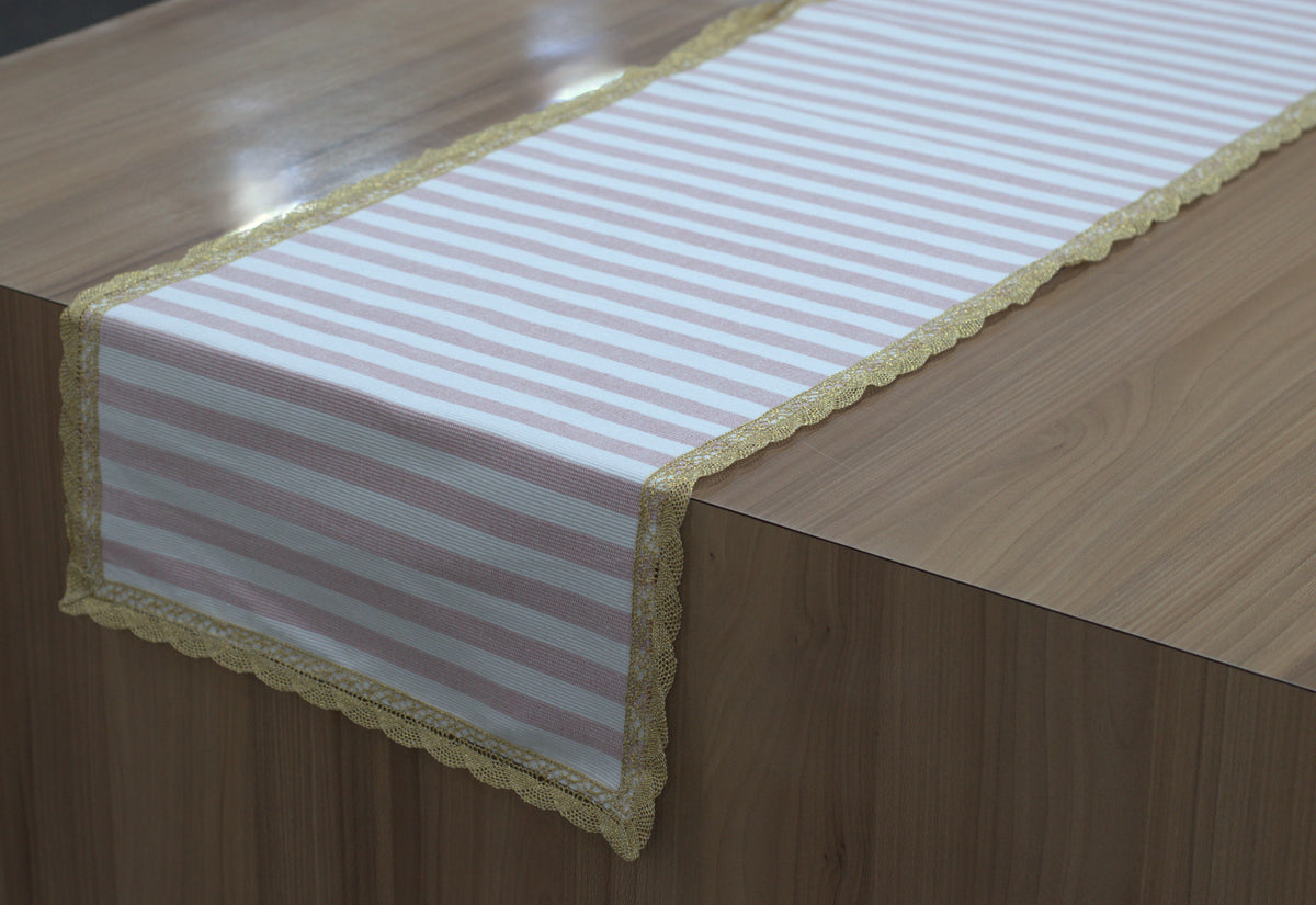 Pink and White Striped Table Runner with Golden Lace Border – 120 × 35 cm