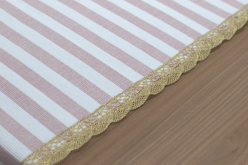 Pink and White Striped Table Runner with Golden Lace Border – 120 × 35 cm