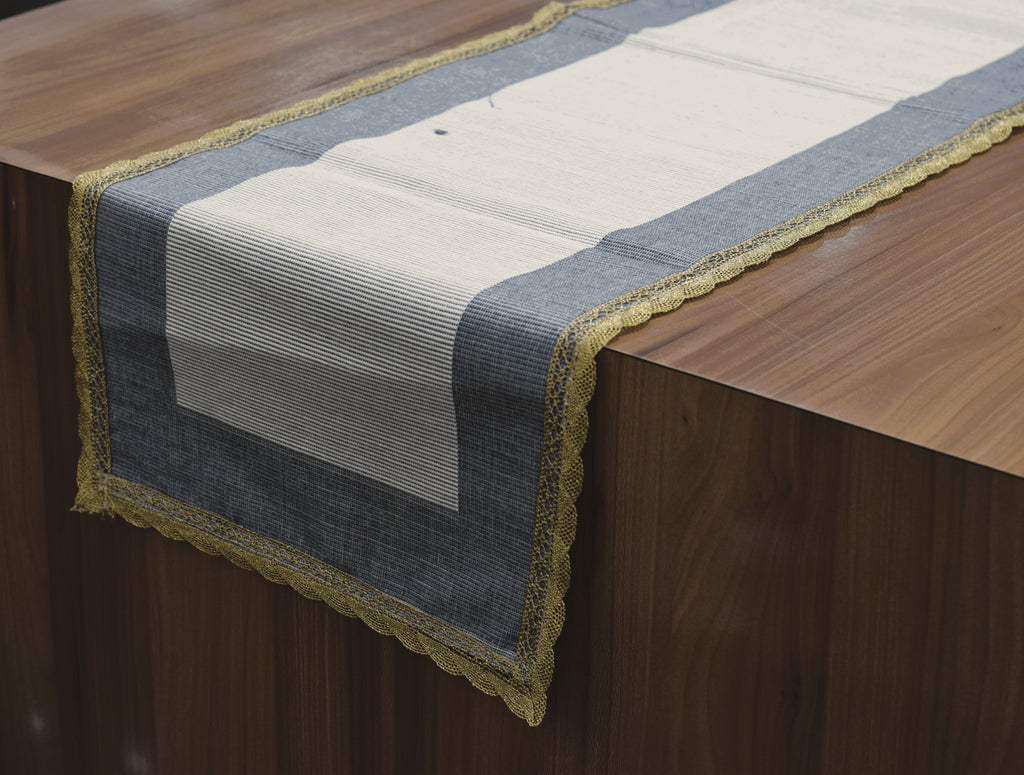 Elegant Grey and Cream Table Runner with Golden Lace Border – 120 × 33 cm