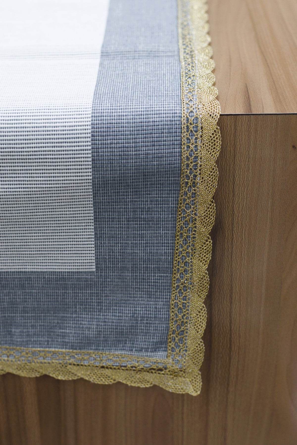 Elegant Grey and Cream Table Runner with Golden Lace Border – 120 × 33 cm