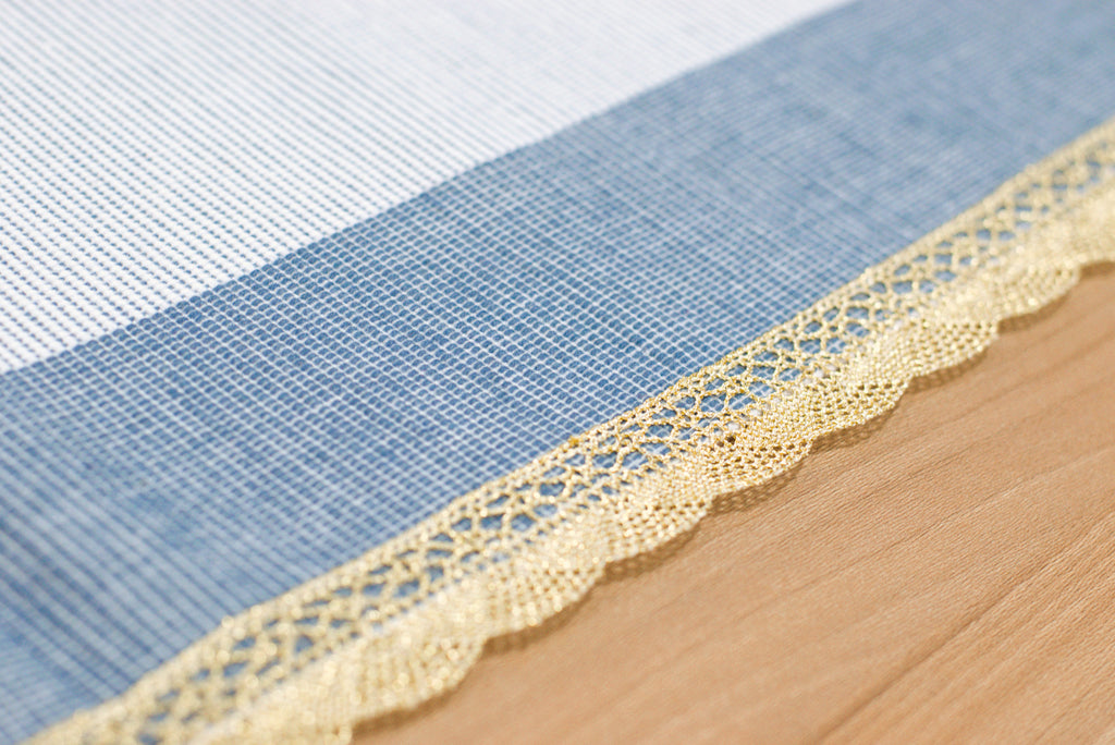 Elegant Grey and Cream Table Runner with Golden Lace Border – 120 × 33 cm