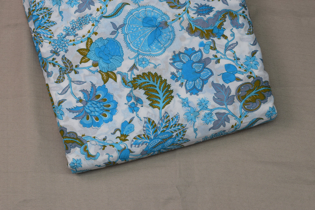 Sky Blue Floral Soft Cotton Dress Material Set with Dupatta – 44" Width
