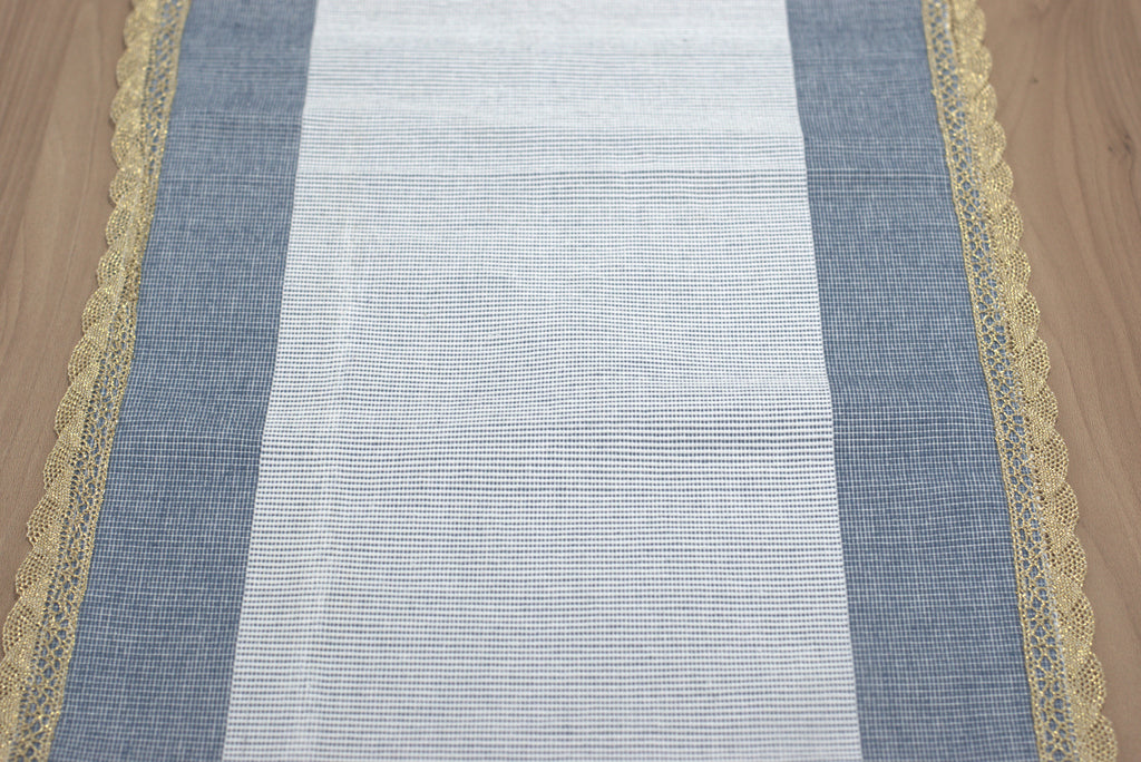Elegant Grey and Cream Table Runner with Golden Lace Border – 120 × 33 cm