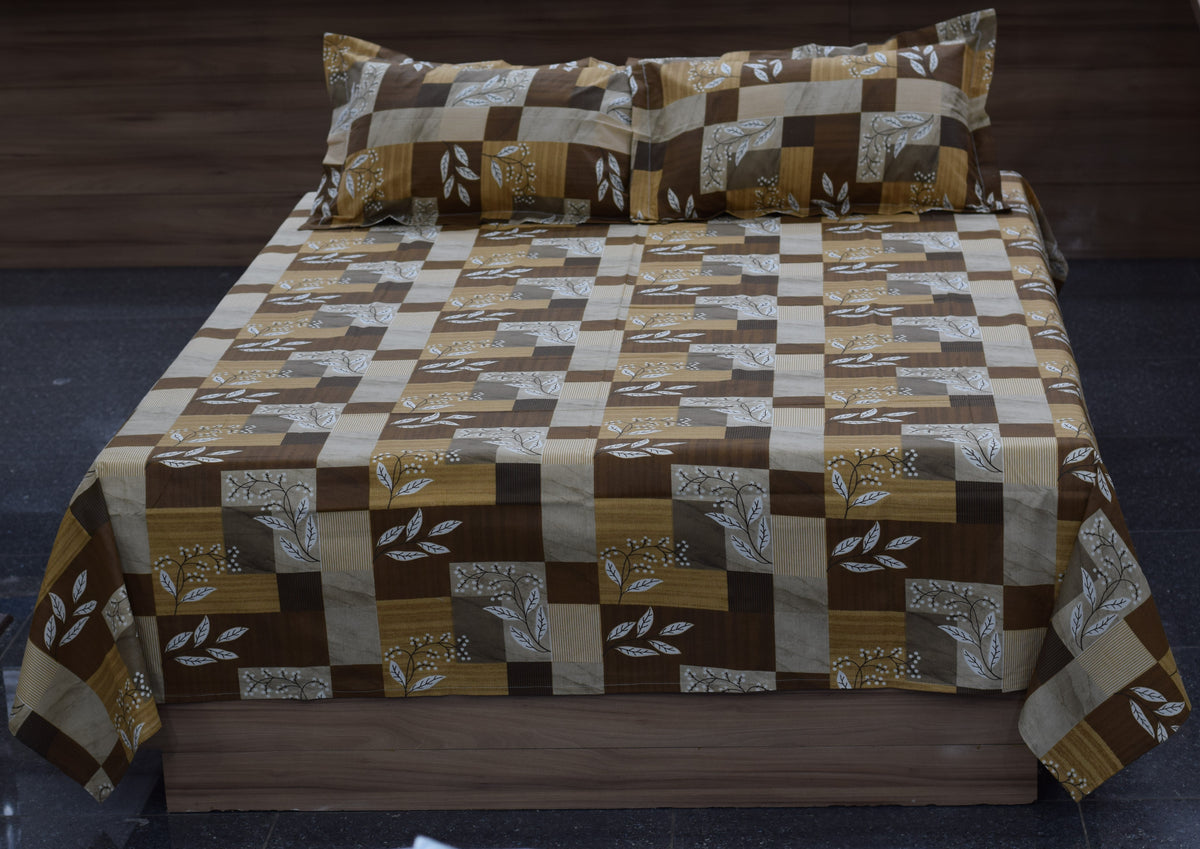 Geometric & Leaf Print Queen Size Cotton Blend Bedsheet with 2 Pillow Covers (90x100 inches)