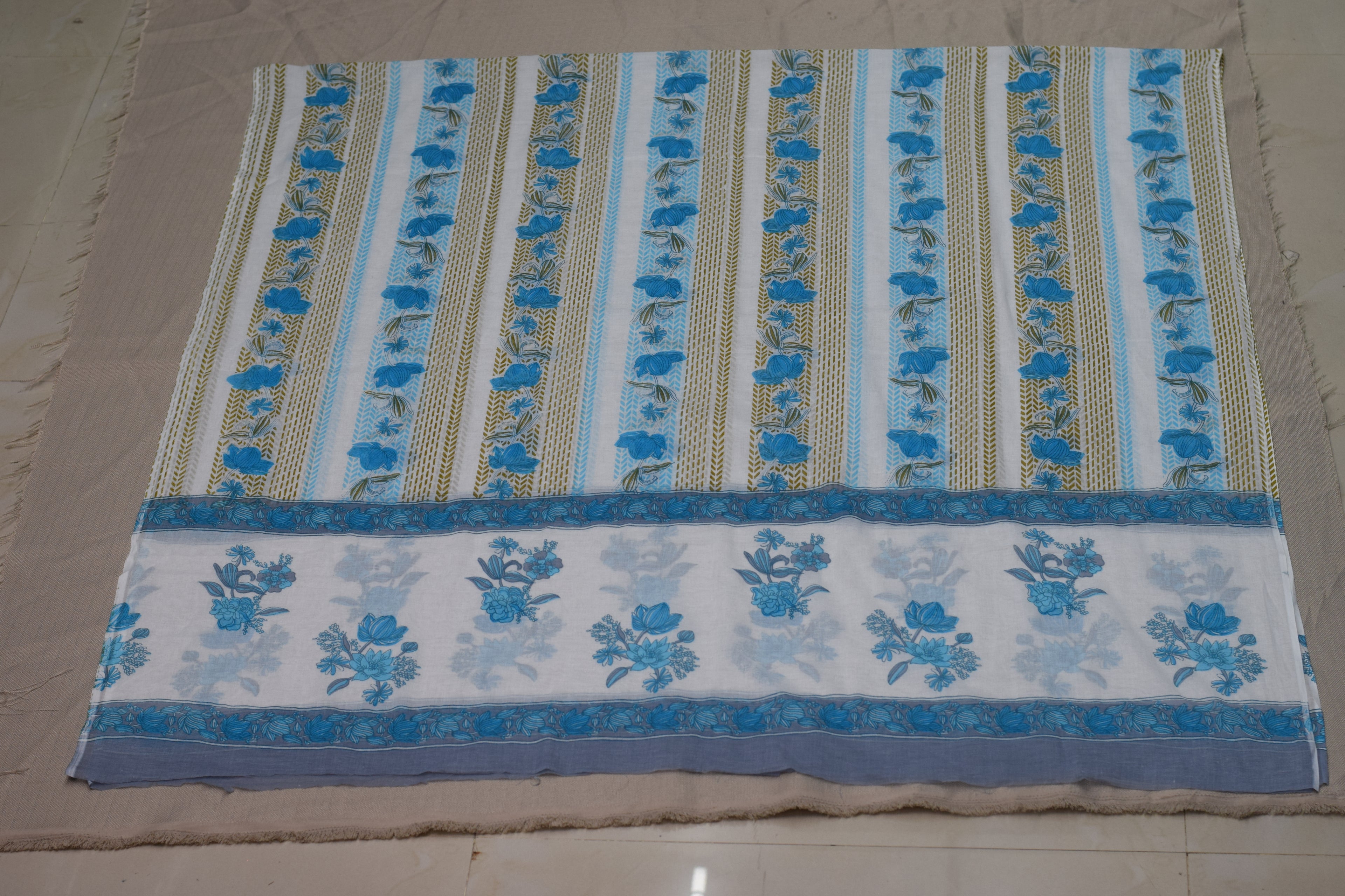 Sky Blue Floral Soft Cotton Dress Material Set with Dupatta – 44" Width