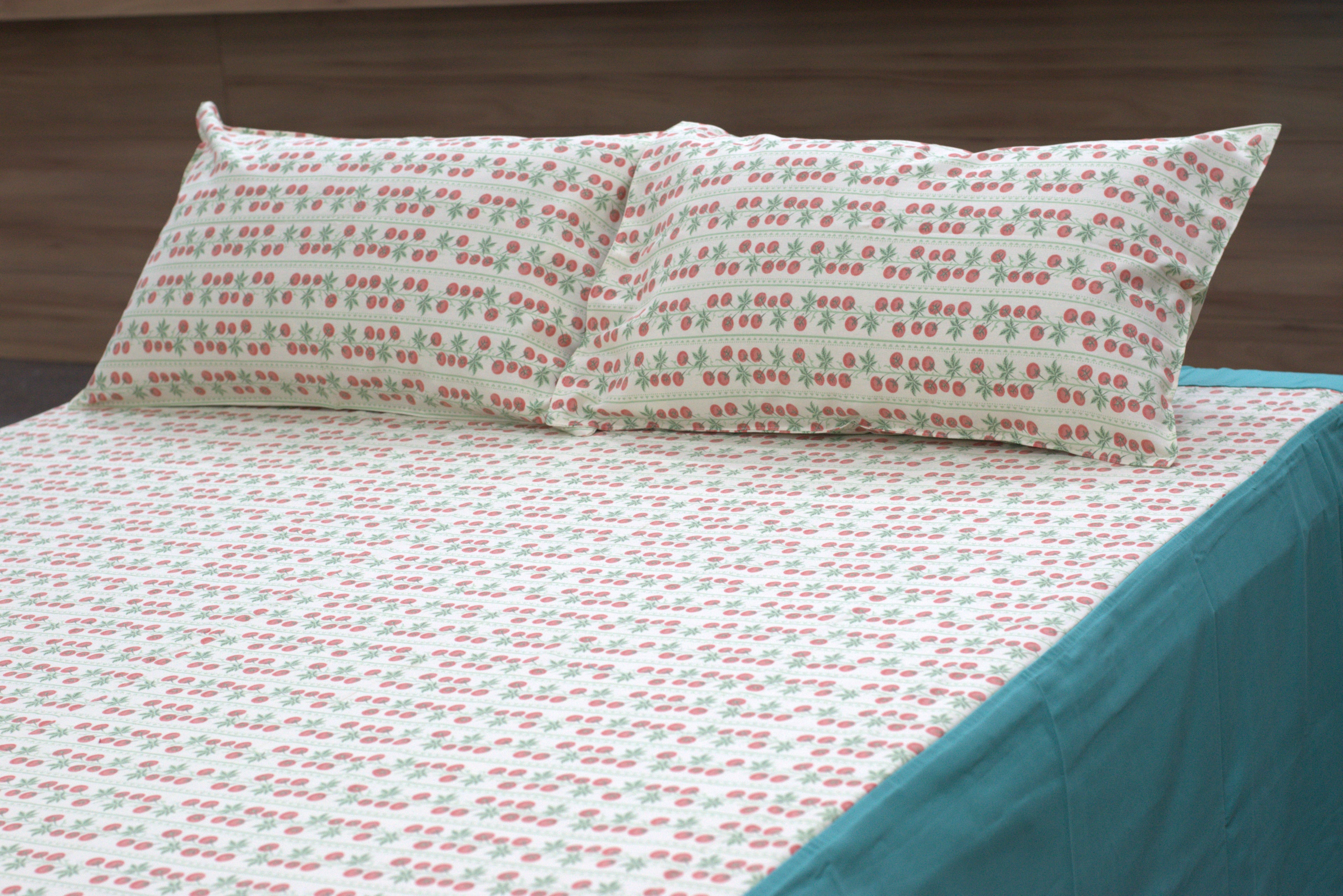 Primary: Premium Cotton King Size Bedspread - Cherry Vine Print with Teal Border (100" x 110")