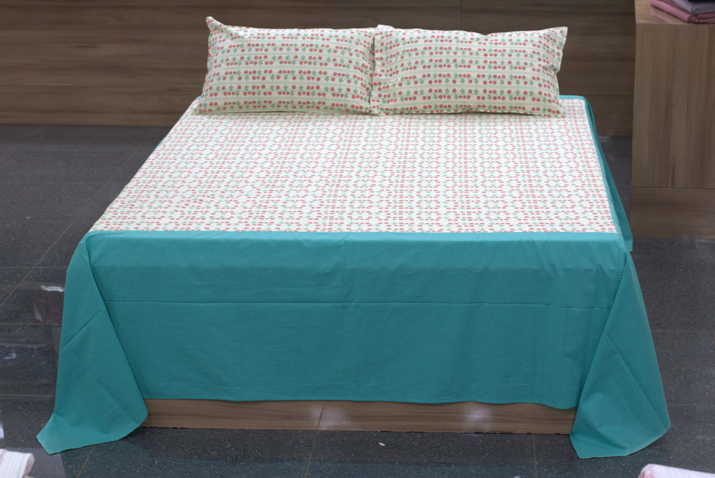 Primary: Premium Cotton King Size Bedspread - Cherry Vine Print with Teal Border (100" x 110")