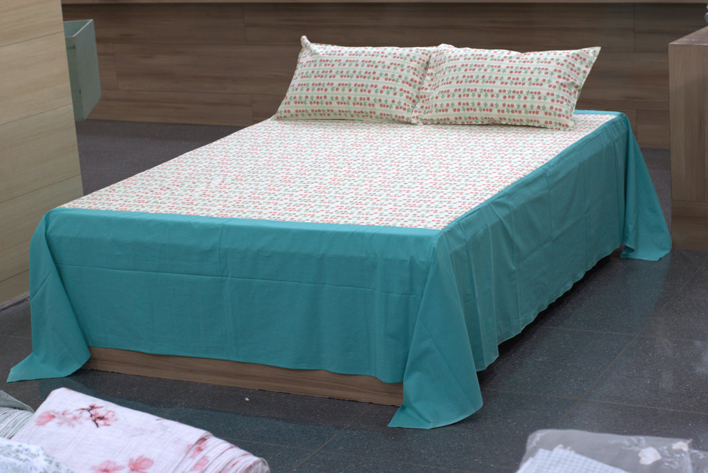 Primary: Premium Cotton King Size Bedspread - Cherry Vine Print with Teal Border (100" x 110")