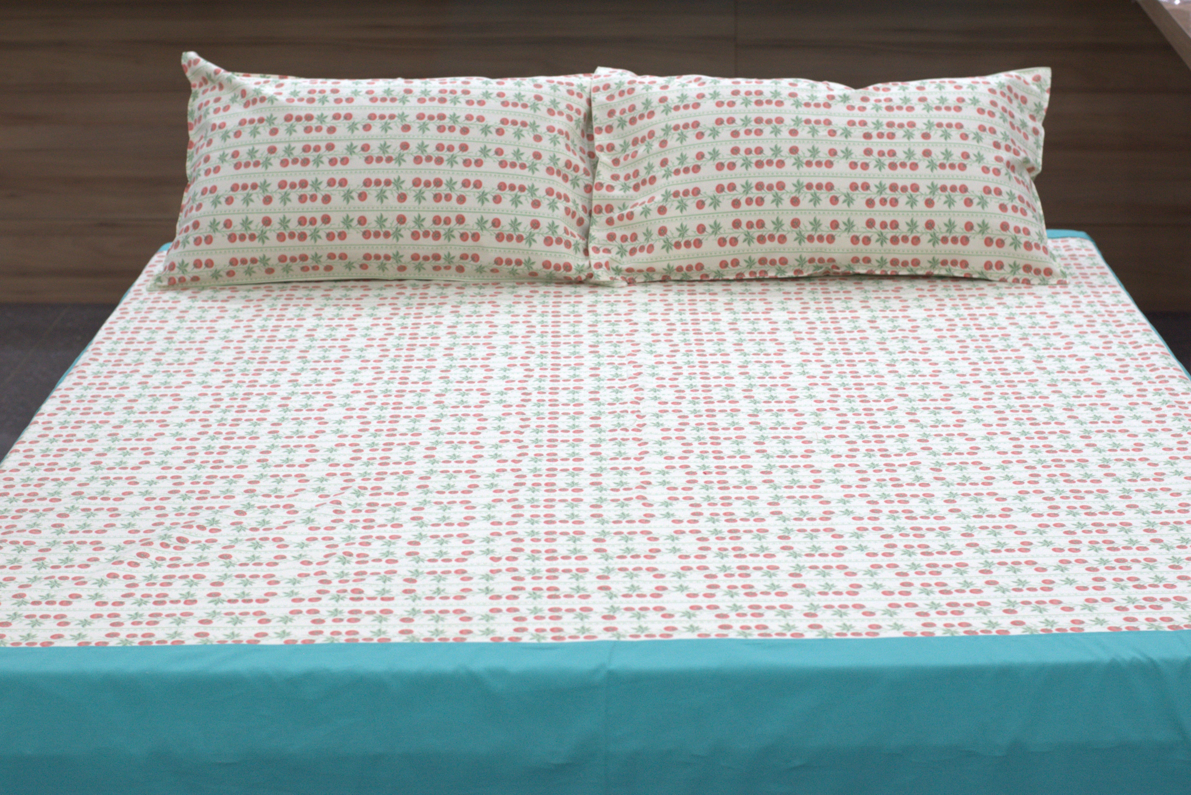 Primary: Premium Cotton King Size Bedspread - Cherry Vine Print with Teal Border (100" x 110")