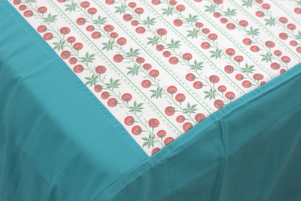 Primary: Premium Cotton King Size Bedspread - Cherry Vine Print with Teal Border (100" x 110")