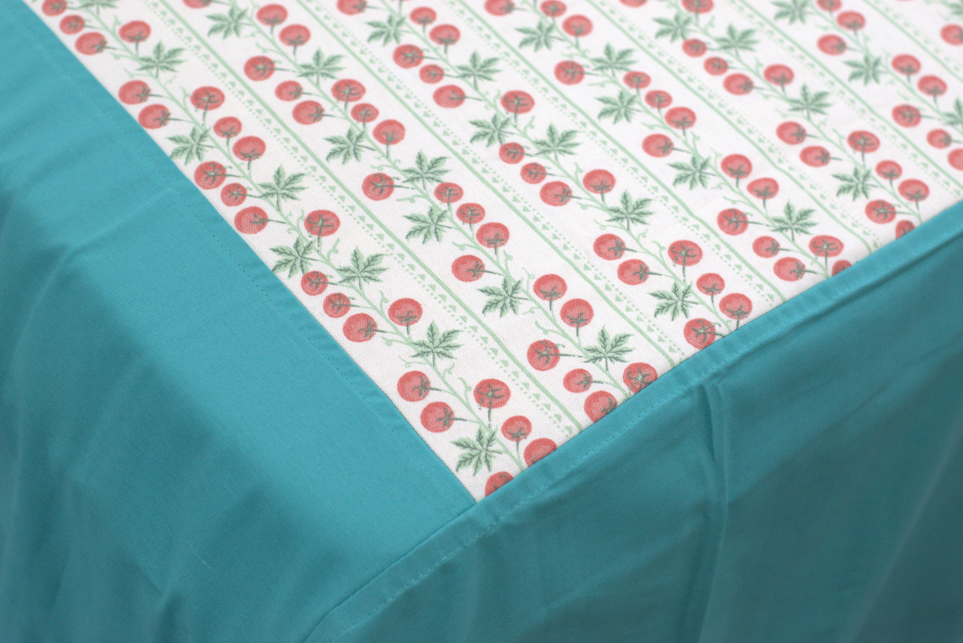 Primary: Premium Cotton King Size Bedspread - Cherry Vine Print with Teal Border (100" x 110")