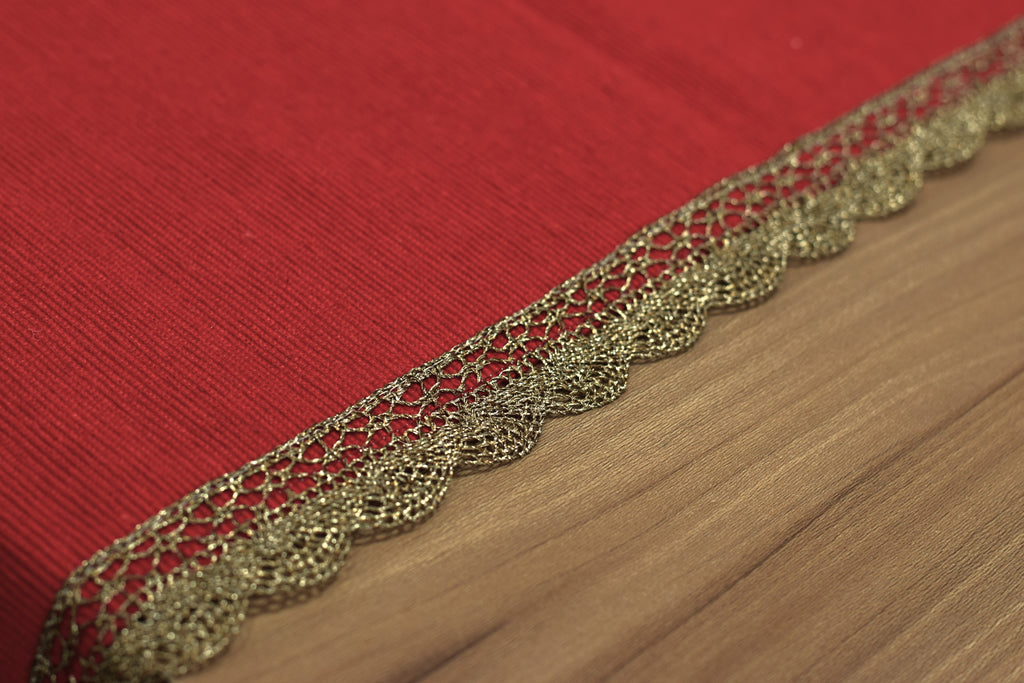 Red Tale Runner Red Decorative Table Runner with Golden Lace Border – 150 × 35 cm – Nushio