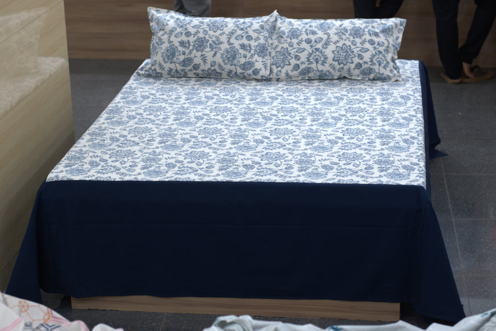 Premium King Size Floral Cotton Bedspread with Navy Border (100" x 110")