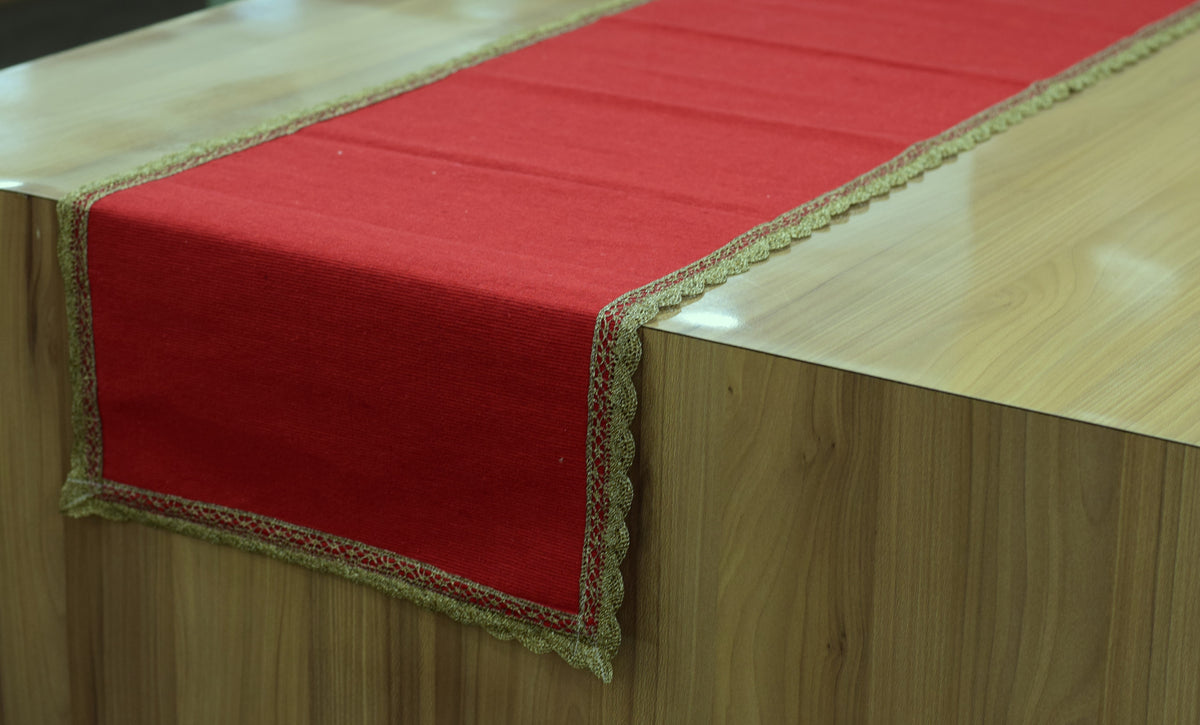 Red Decorative Table Runner with Golden Lace Border – 150 × 35 cm
