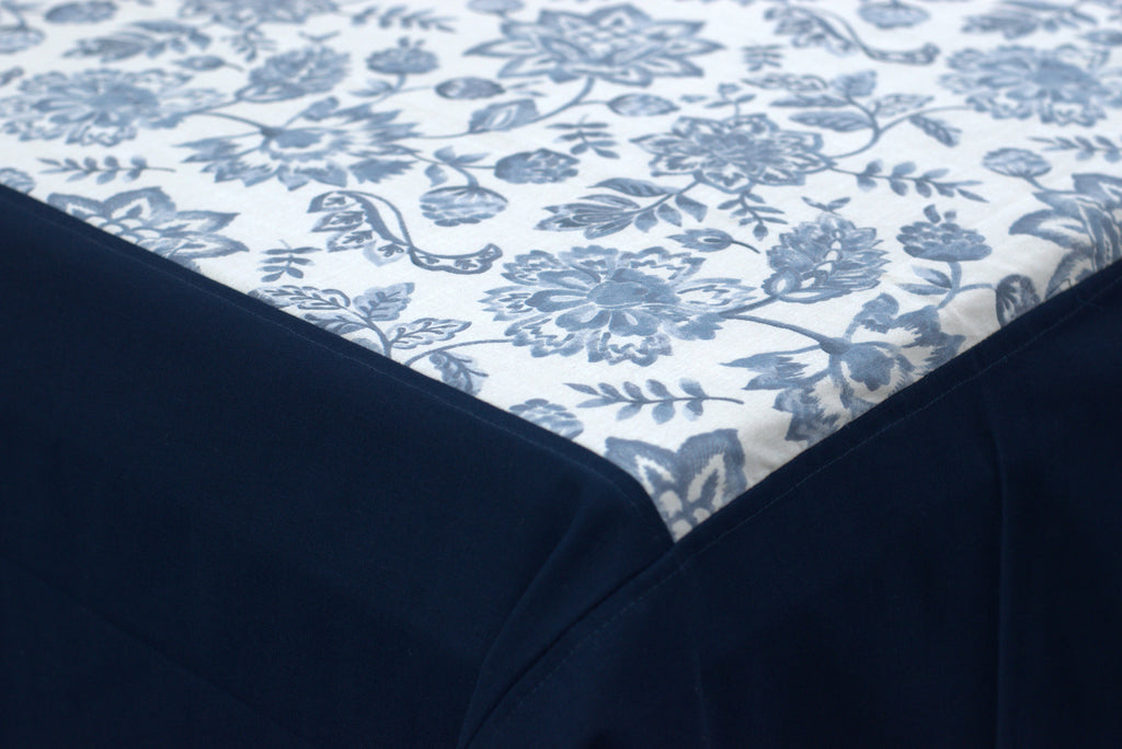 Premium King Size Floral Cotton Bedspread with Navy Border (100" x 110")