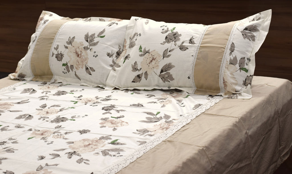 Premium Floral cotton blend Bedspread Set with 2 Pillow Covers – Beige & White | 86 x 104 Inches | Elegant Lace Border