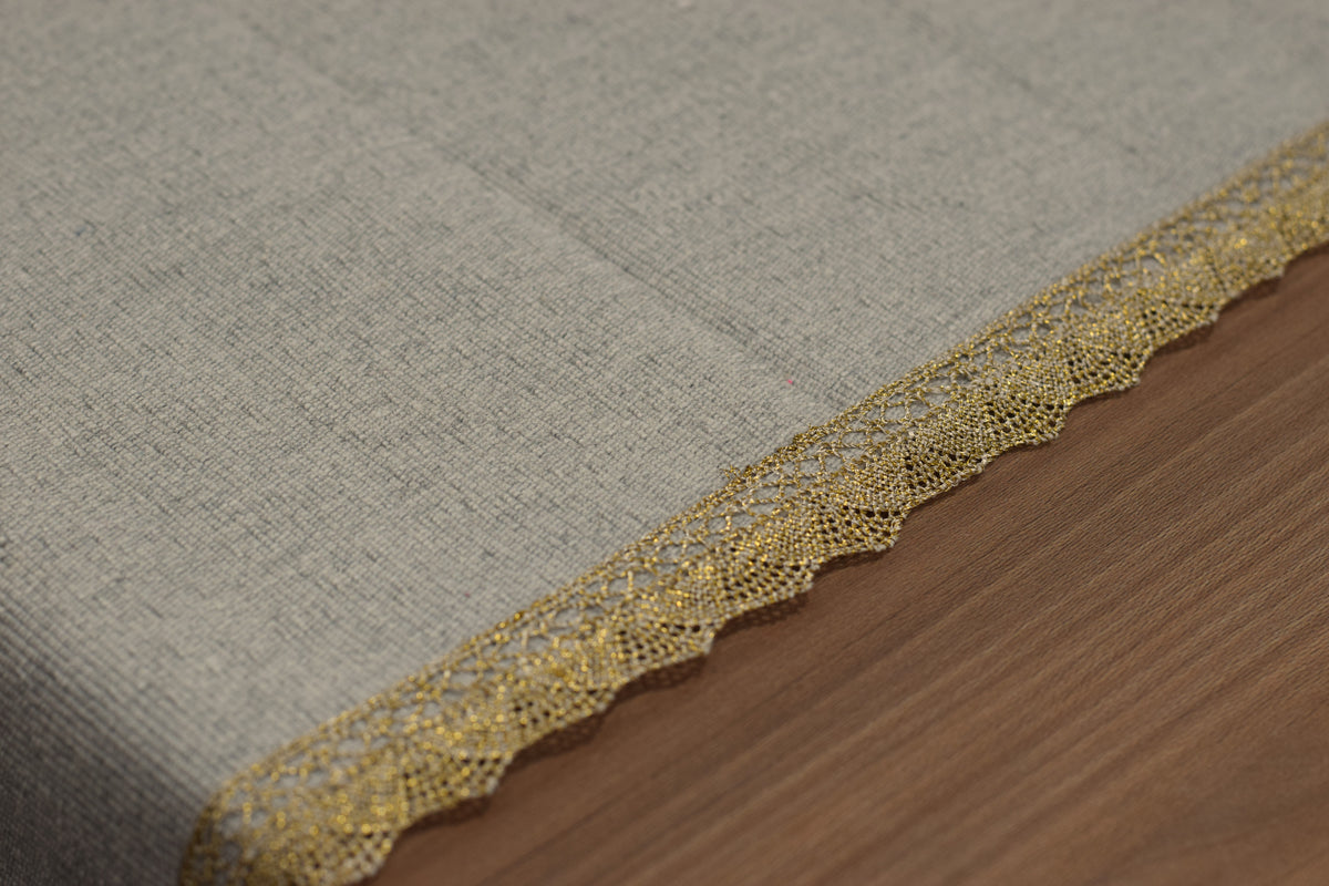 Elegant Beige Table Runner with Golden Lace Border – 125 × 35 cm