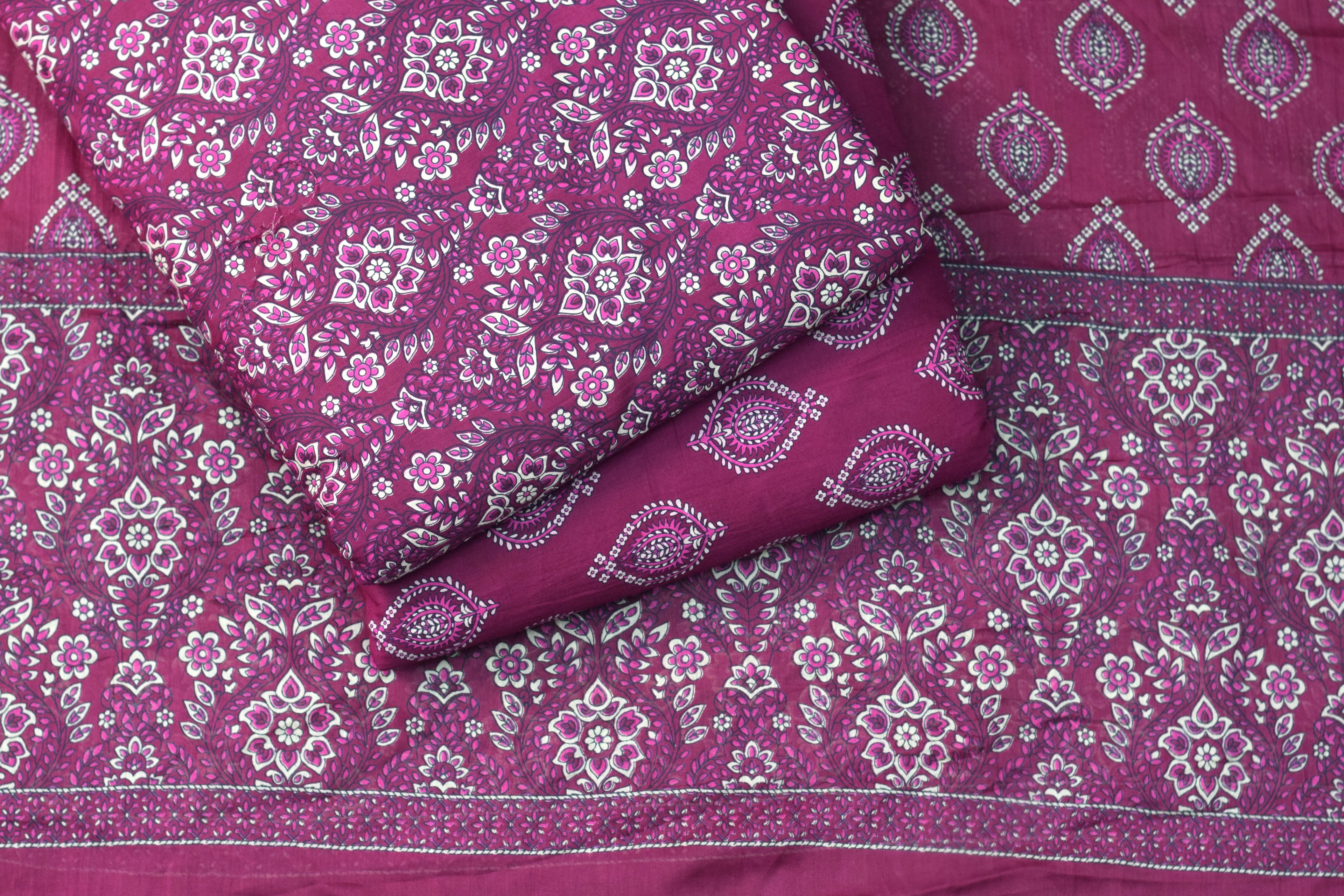 Magenta Floral Soft Cotton Dress Material Set with Dupatta – Top & Bottom Fabric Combo
