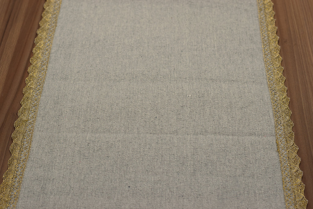 Elegant Beige Table Runner with Golden Lace Border – 125 × 35 cm