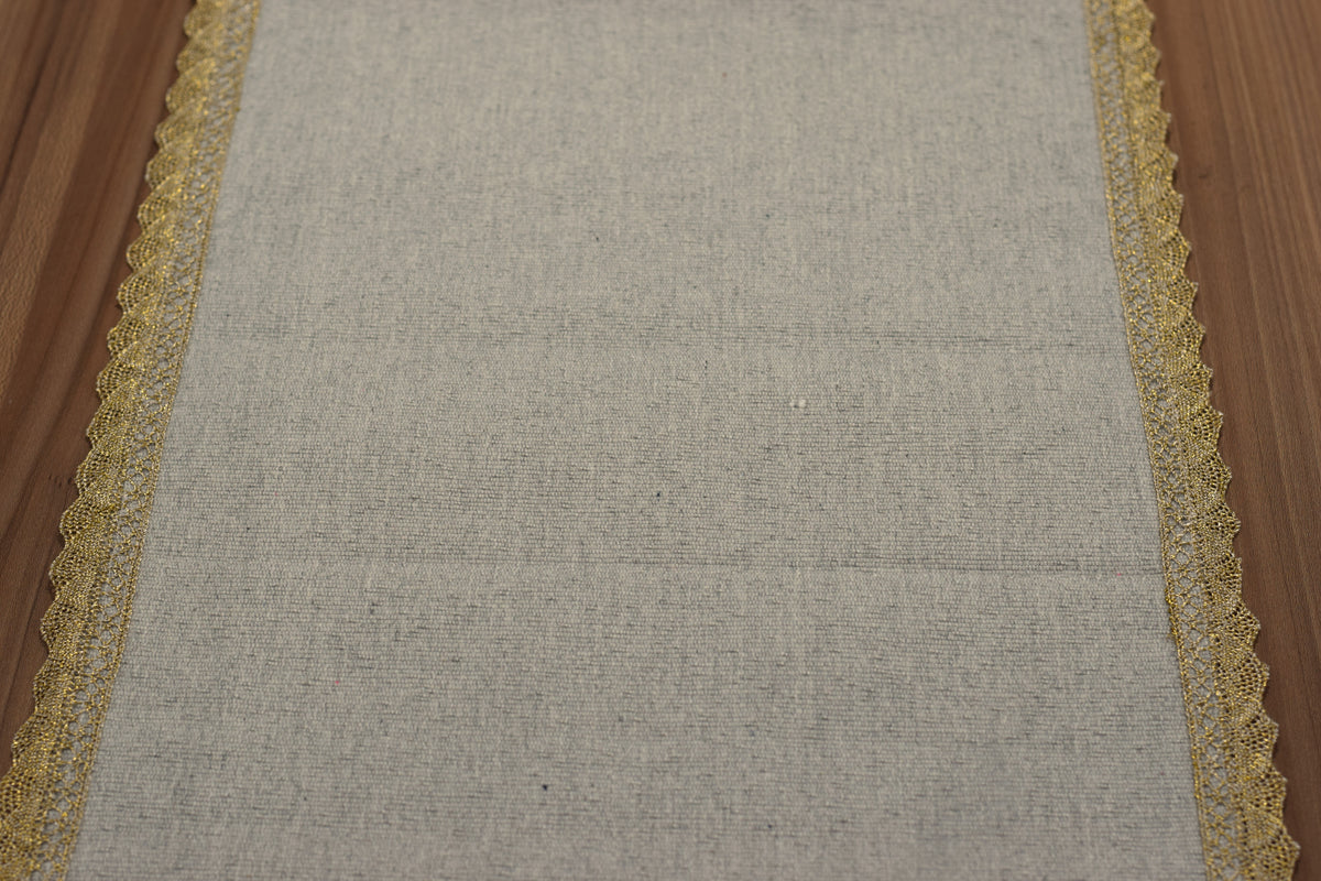 Elegant Beige Table Runner with Golden Lace Border – 125 × 35 cm