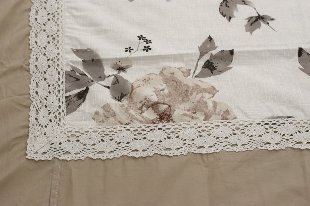 Premium Floral cotton blend Bedspread Set with 2 Pillow Covers – Beige & White | 86 x 104 Inches | Elegant Lace Border