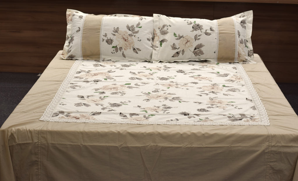 Premium Floral cotton blend Bedspread Set with 2 Pillow Covers – Beige & White | 86 x 104 Inches | Elegant Lace Border