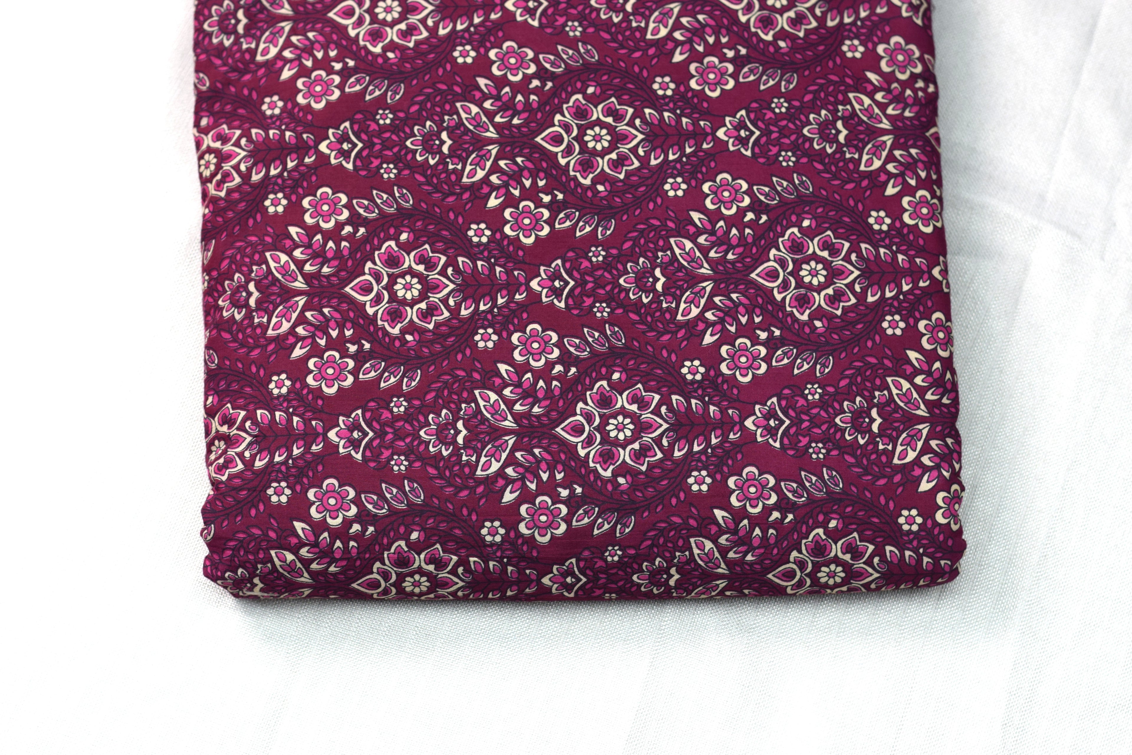 Magenta Floral Soft Cotton Dress Material Set with Dupatta – Top & Bottom Fabric Combo