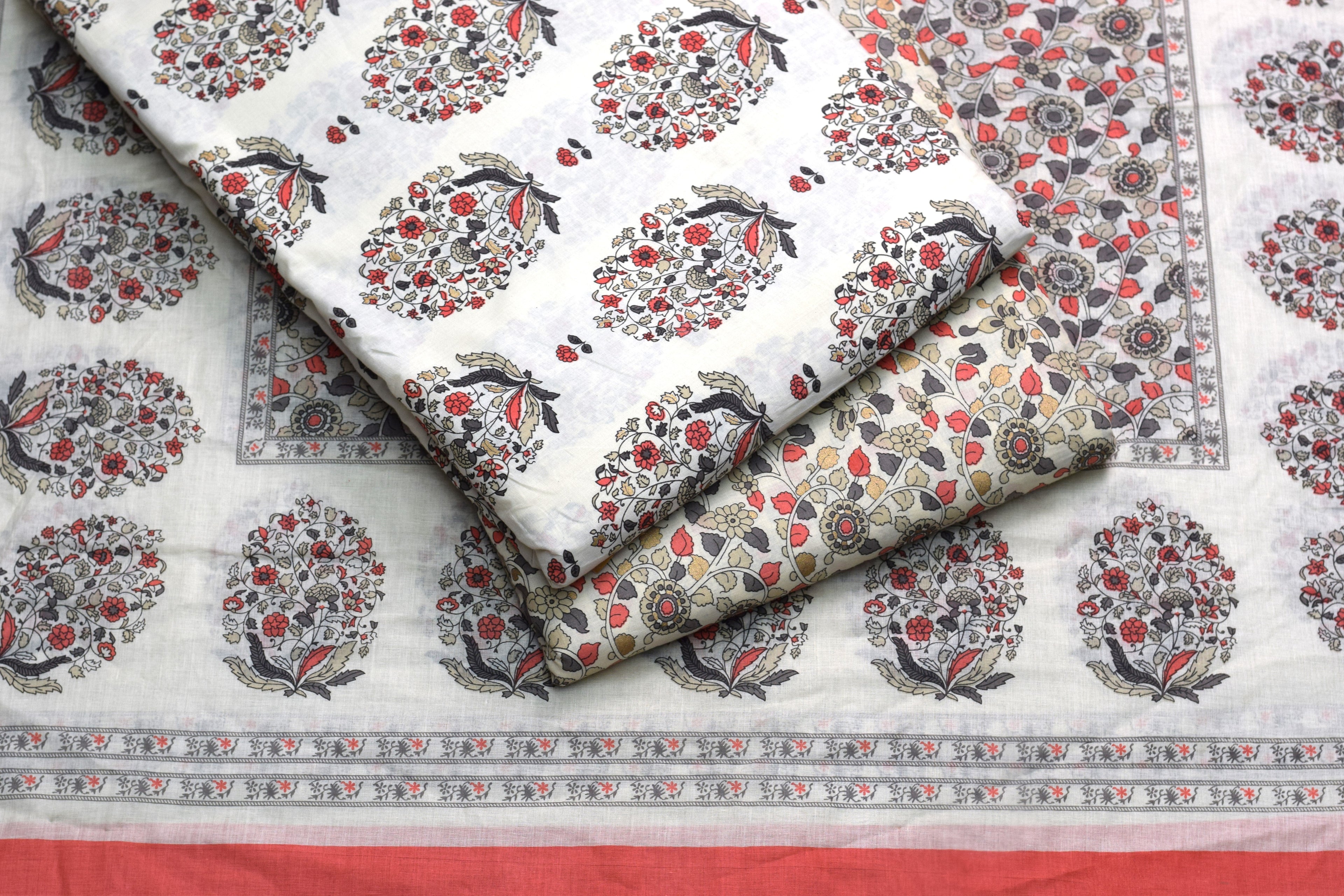 Ivory Bloom Soft Cotton Dress Material Set with Floral Print & Dupatta