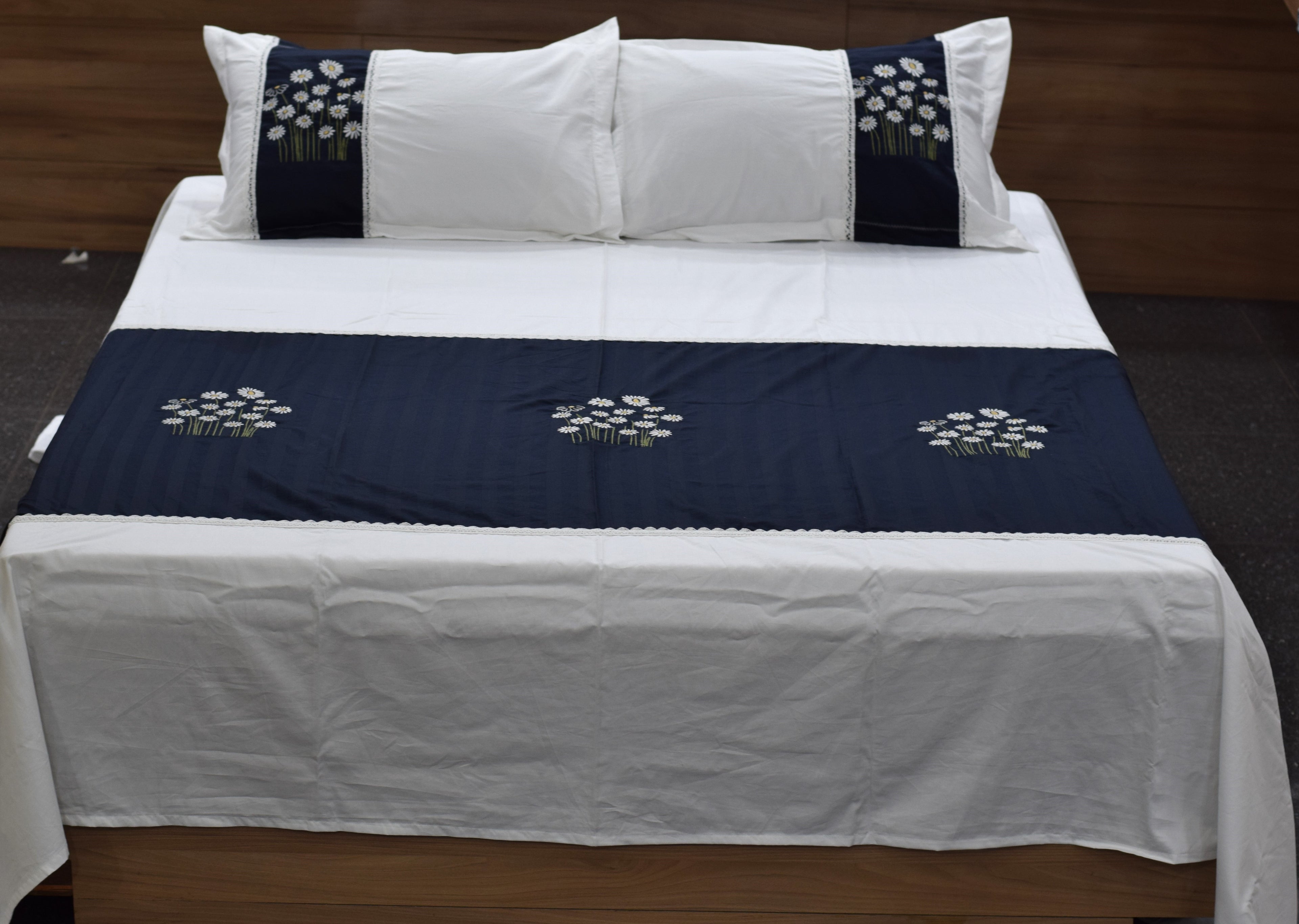 King Size White Bedspread Set with Navy Blue Floral Embroidery | 1 Bedspread + 2 Pillow Covers | Elegant Cotton Bedding