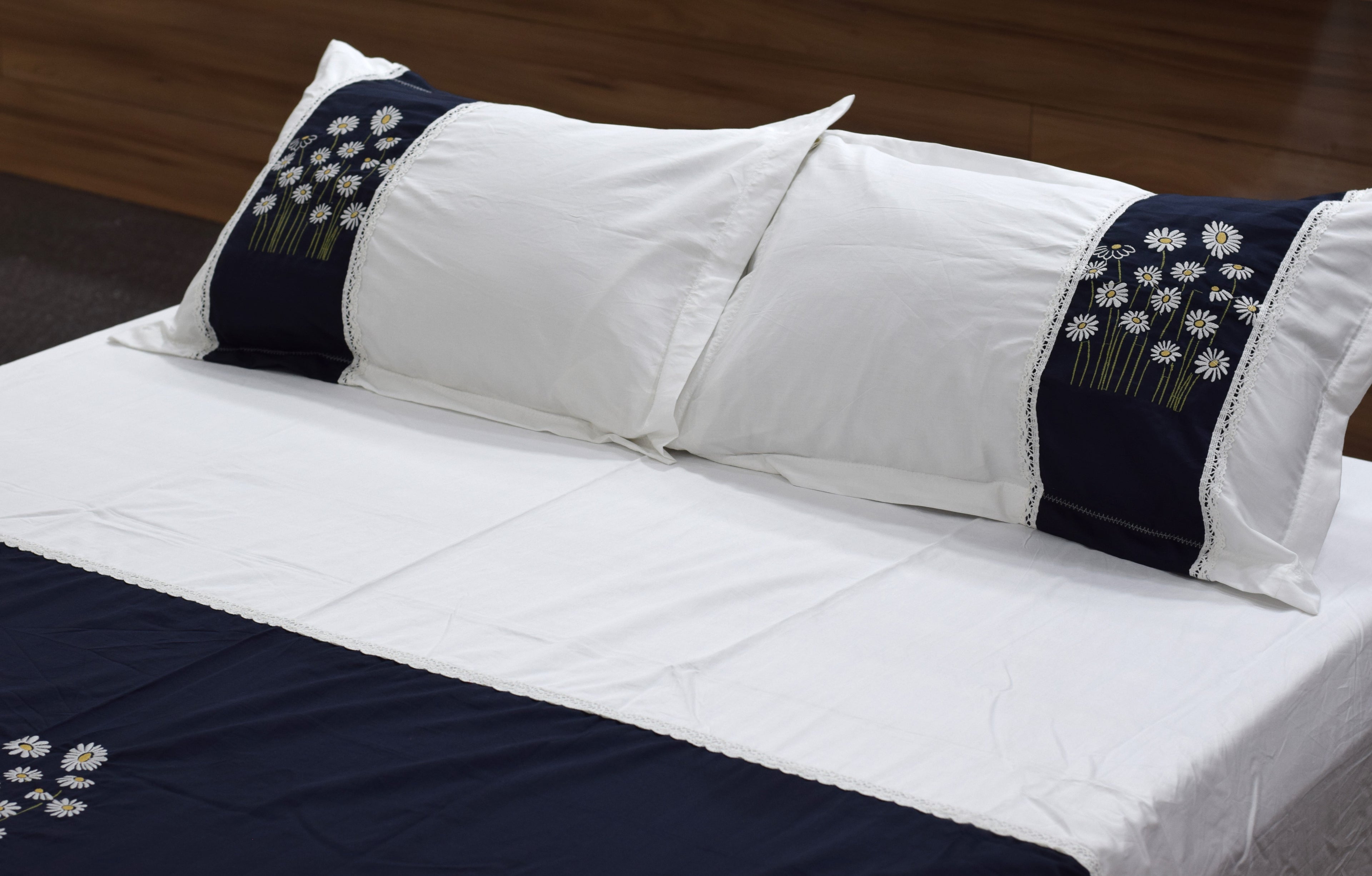 King Size White Bedspread Set with Navy Blue Floral Embroidery | 1 Bedspread + 2 Pillow Covers | Elegant Cotton Bedding