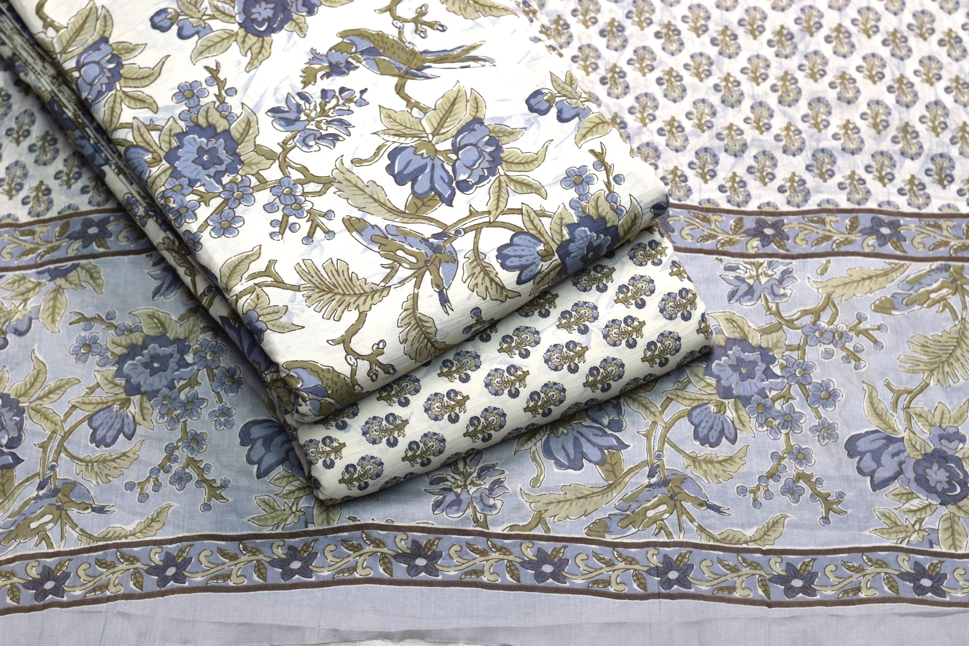 Blue Floral Soft Cotton Dress Material Set with Dupatta – 44” Width