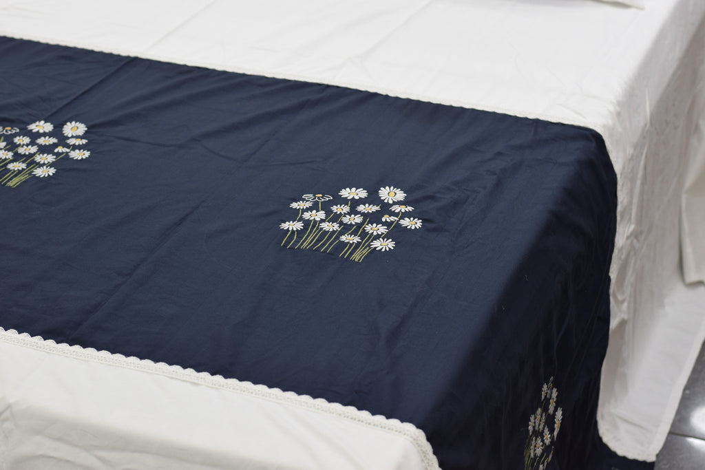 King Size White Bedspread Set with Navy Blue Floral Embroidery | 1 Bedspread + 2 Pillow Covers | Elegant Cotton Bedding